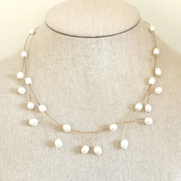 ZRW Israel Designer 14K Solid Yellow Gold Criss Cross Wire Pearl Necklace 17" - Picture 9 of 16